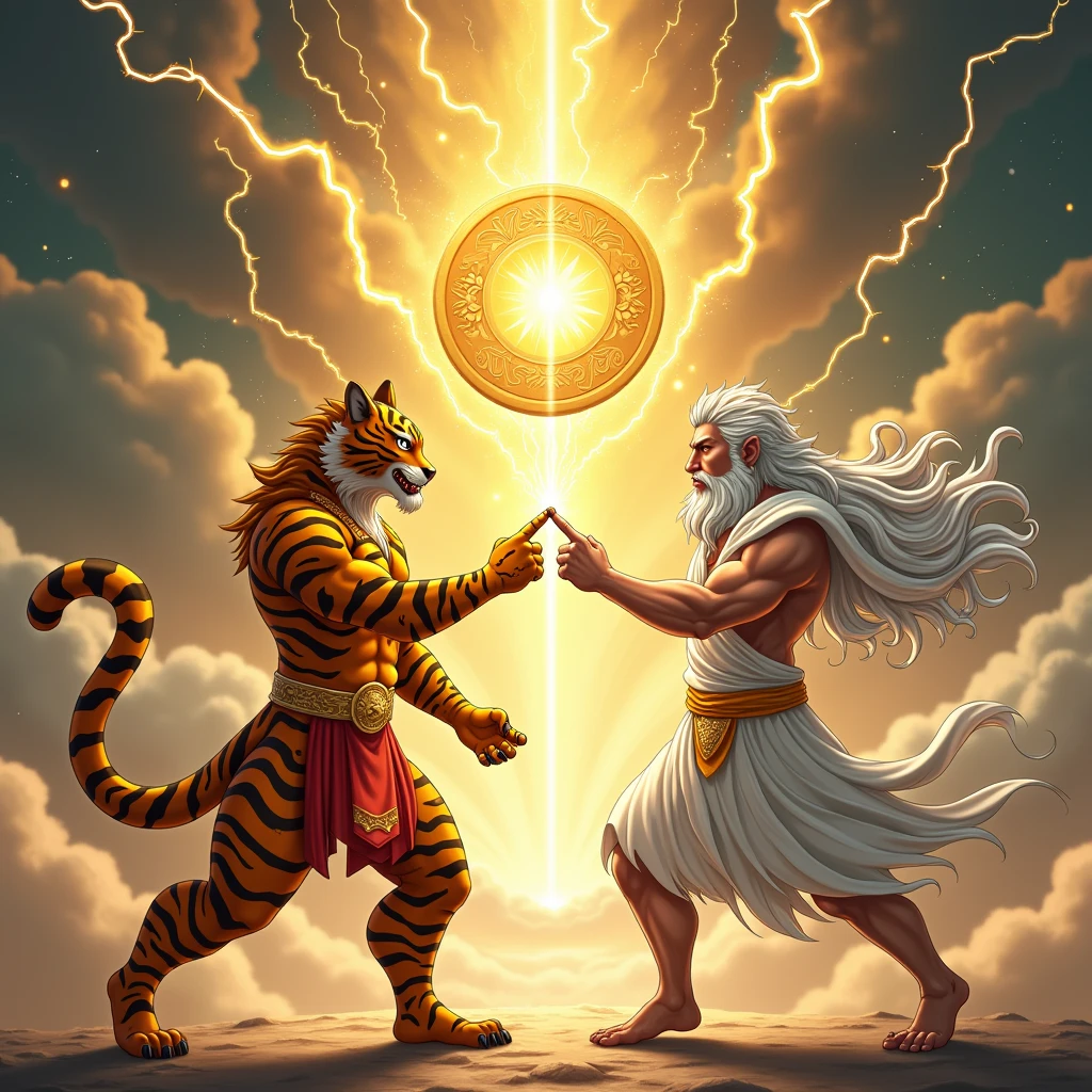 Create a dynamic fusion scene inspired by the classic fusion pose from popular anime. The scene should feature two distinct characters:
Character 1 (Fortune Tiger): An anthropomorphic tiger with a strong and muscular build, wearing a traditional Chinese golden outfit with red accents. The tiger is in a fusion stance, pointing one finger toward the other character.
Character 2 (Gate of Olympus - Thunder God): A Zeus-like figure with flowing white hair and a long beard, dressed in a white Greek toga with golden details. This character mirrors the tiger’s pose, with one finger pointed toward the tiger.
Effects: From the point where their fingers meet, lightning bolts and sparks should burst forth, symbolizing their fusion. In the center of the image, between the two characters, a large golden coin is being conjured, glowing brightly.
Background: The background should be an epic, celestial setting with dramatic clouds, lightning, and a golden aurora to create a mystical atmosphere. The overall scene should convey a sense of power and unity