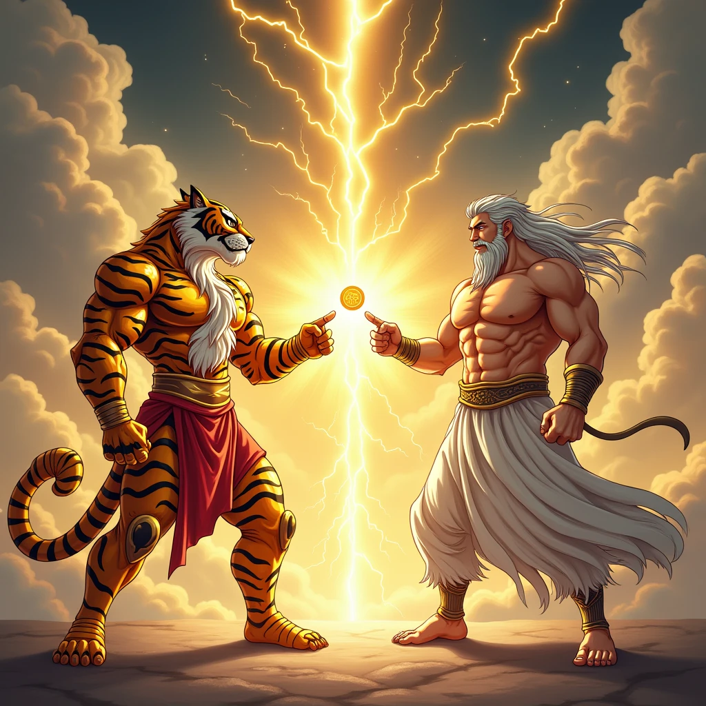 Create a dynamic fusion scene inspired by the classic fusion pose from popular anime. The scene should feature two distinct characters:
Character 1 (Fortune Tiger): An anthropomorphic tiger with a strong and muscular build, wearing a traditional Chinese golden outfit with red accents. The tiger is in a fusion stance, pointing one finger toward the other character.
Character 2 (Gate of Olympus - Thunder God): A Zeus-like figure with flowing white hair and a long beard, dressed in a white Greek toga with golden details. This character mirrors the tiger’s pose, with one finger pointed toward the tiger.
Effects: From the point where their fingers meet, lightning bolts and sparks should burst forth, symbolizing their fusion. In the center of the image, between the two characters, a large golden coin is being conjured, glowing brightly.
Background: The background should be an epic, celestial setting with dramatic clouds, lightning, and a golden aurora to create a mystical atmosphere. The overall scene should convey a sense of power and unity