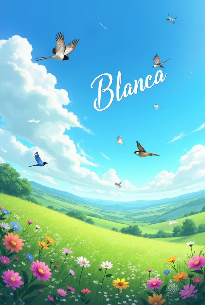 Landscape of blue sky and green meadows, with lots of flowers and pretty birds and the name BLANCA written in the sky