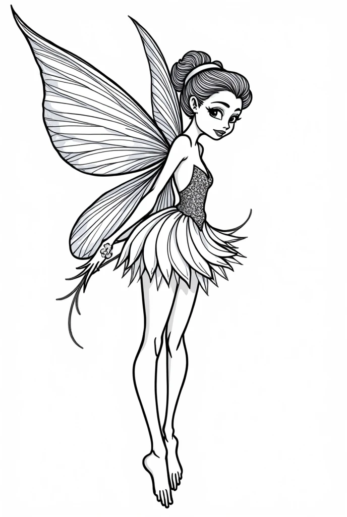 Create me a coloring picture of a fairy, for coloring with large white areas and strong black lines