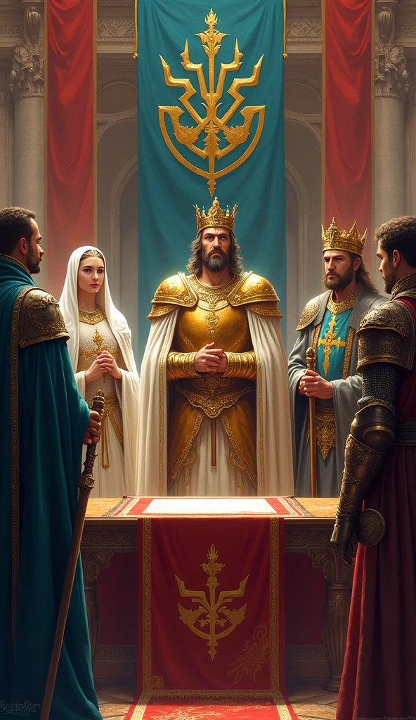 Illustrate a signing ceremony of a peace treaty between the kingdoms, kingdom with king arlock man with golden armor and crown, queen Ailith with her white cloak and her staff in the hand of mage and the king of years a king short at waist height of King ARLOCK with his bronze armor and his two-faced ax with leaders and representatives of the three kingdoms present. The setting should be a large hall or courtyard, with flags and symbols of each kingdom visible and architectural and clothing details consistent with medieval times.