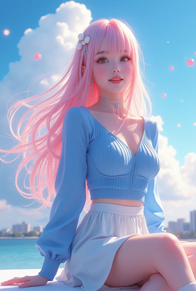 official art, masterpiece, sharp focus, (beautiful gorgeous cute Korean woman:1.3), (beautiful cute korean:1.3), korean beauty, Delicate and beautiful hair and eyes and face, realistic, ultra detailed, beautiful girl, blue sky, glow white particle, (sidelighting:1.2), sun light, white cloud, detailed clouds, slender, Lovely very large breasts and very large hips, smile with teeth, ((smile with eyes, open both eyes)), scenery, long straight hair, sexy facial expression, building, (cityscape:1.7), dynamic hair, long straight hair, detailed platinum pink hair, glow blue eyes, (blue pleated shirts + white skirt), white long socks, pale skin, hair ornament, epic scenery,