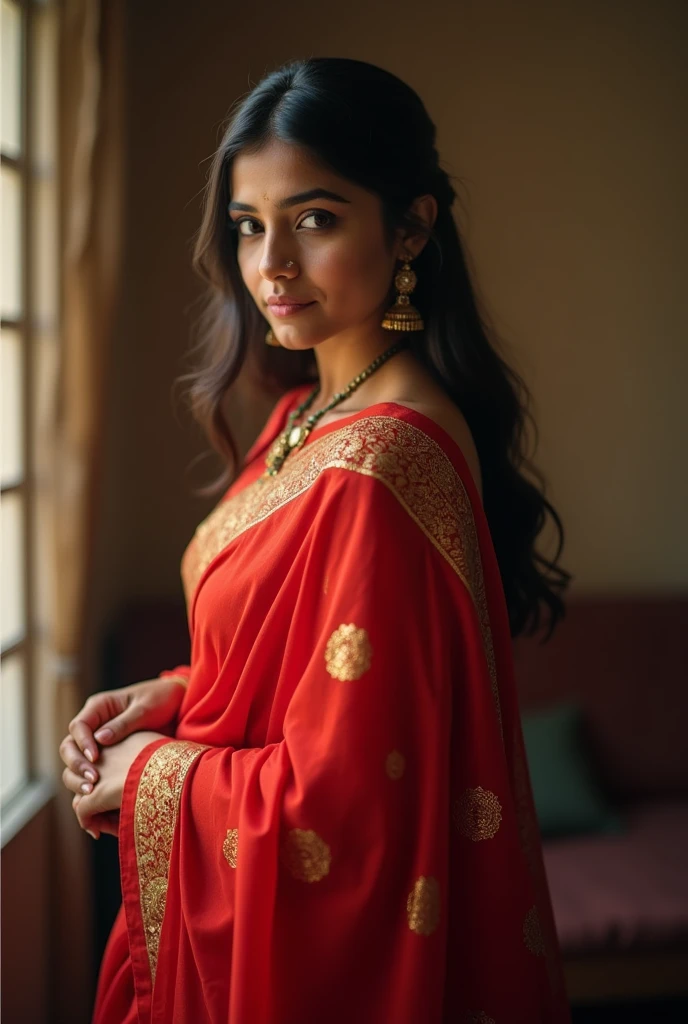 Beautiful 26years Indian housewife,big figure,red saree