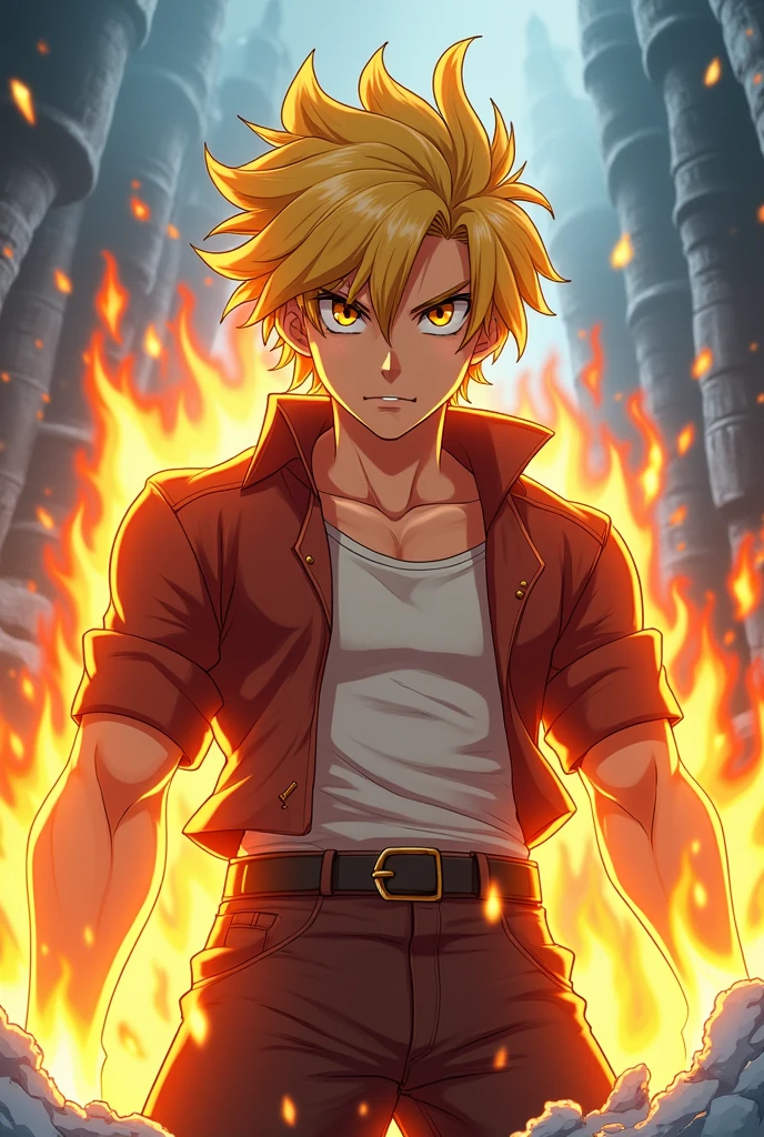 male, young, handsome, masculine, adult, yellow eyes, strong look, cold, yellow hair, disheveled, cartoon, anime, fire control, strong, fighter 
