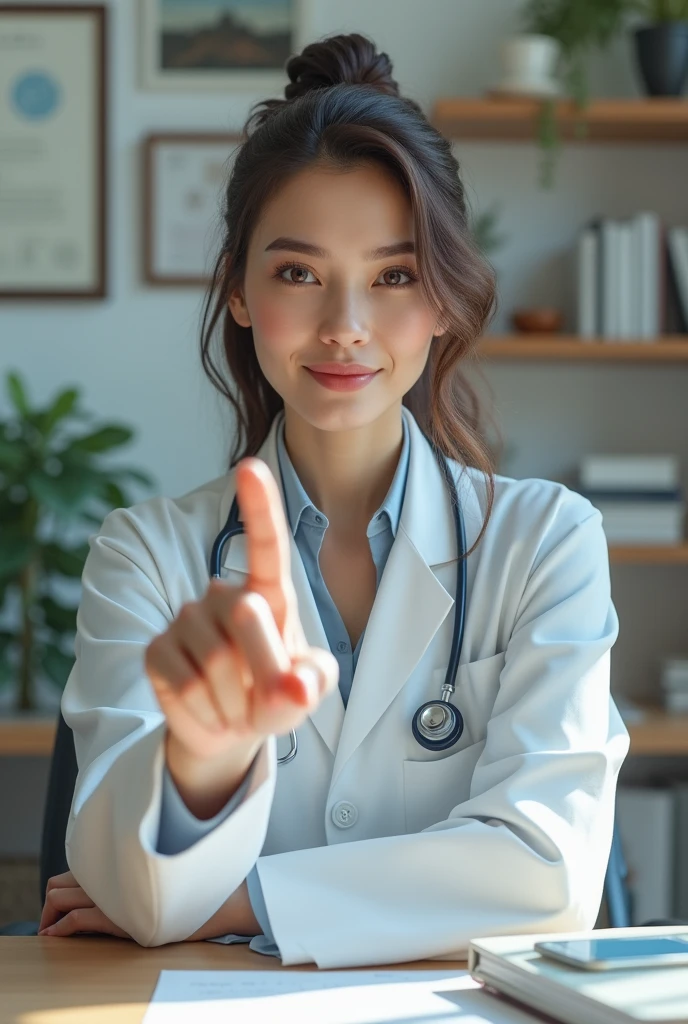 Create a highly realistic image of a female doctor sitting in her modern, well-lit office. She is dressed in a professional white lab coat with a stethoscope around her neck. The doctor is seated behind a sleek, organized desk, and she is pointing directly forward with her index finger, giving the impression that she is pointing at the viewer. Her expression is confident and focused. The office should have medical charts, bookshelves, and certificates on the walls, conveying a professional and trustworthy atmosphere. The lighting should be natural and soft, highlighting her facial features and the details of the office.