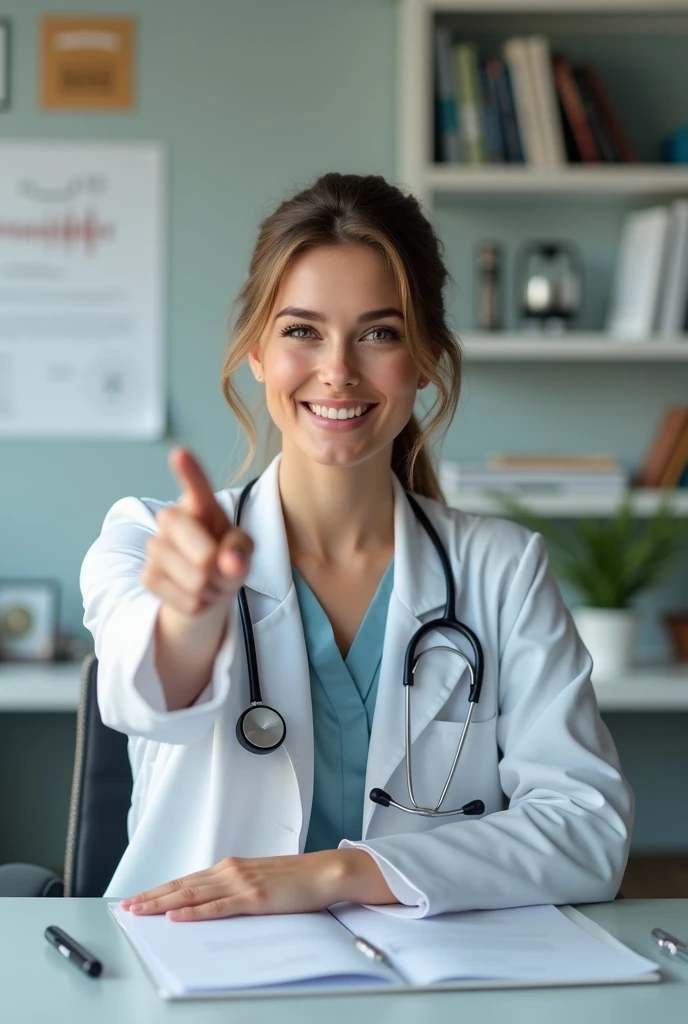 Create a highly realistic image of a female doctor sitting in her modern, well-lit office. She is dressed in a professional white lab coat with a stethoscope around her neck. The doctor is seated behind a sleek, organized desk, and she is pointing directly forward with her index finger, giving the impression that she is pointing at the viewer. Her expression is confident and focused. The office should have medical charts, bookshelves, and certificates on the walls, conveying a professional and trustworthy atmosphere. The lighting should be natural and soft, highlighting her facial features and the details of the office.