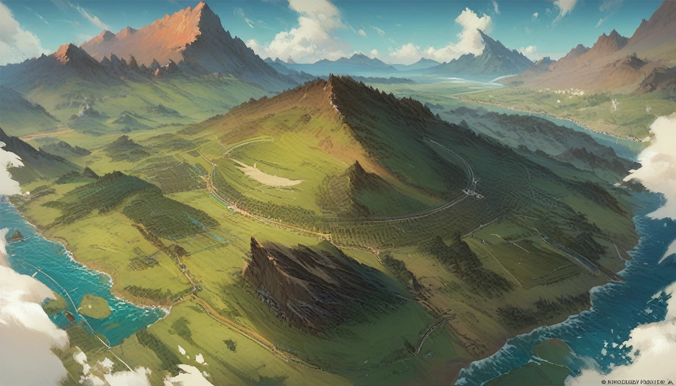 score_9, score_8_up, score_7_up, score_6_up, score_5_up, score_4_up, satellite view, bird's eye view, fantasy world, top-down view, shot from above, large landscape, green fields, mountains, surrounded by ocean, fantasy world map, gwentstyle,
