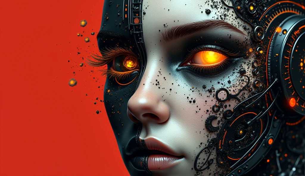 A futuristic cyborg's face fills the frame, split by a metallic-organic dichotomy. Metallic half: gears whirring, wires snaking, mechanical parts clicking. Organic half: black ink tattoos swirl, symbols blend seamlessly into metal. Eyes: cybernetic gold glow on one side, piercing natural intensity on the other. Red-black abstract background complements the face. High contrast emphasizes intricate details: circuitry patterns, shapes, and gears merge in a technological-human fusion.