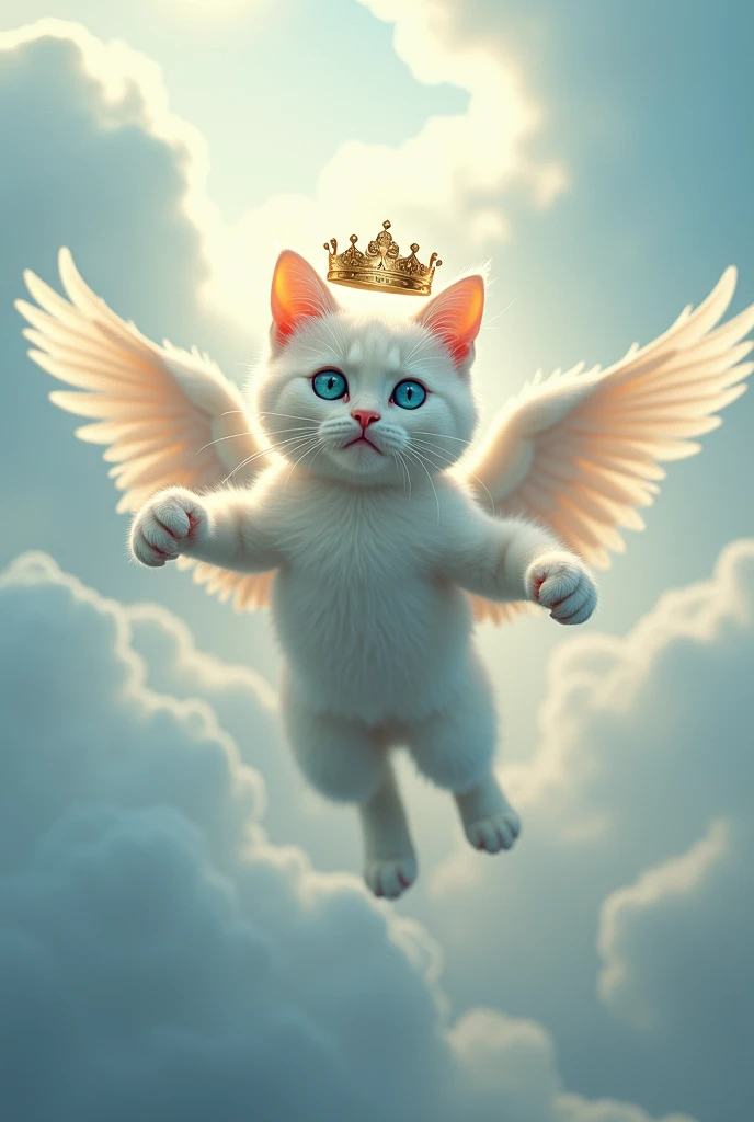 Short-haired white cat with light blue eyes with angel crown in the sky details on the face orange adult cat.