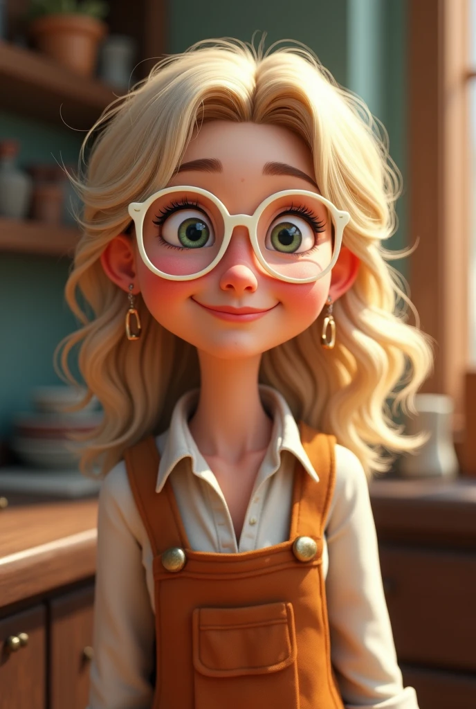 Imagem estilo pixar com 3D personagem offwhite óculos mulher mais velha loira, offwhite, Medium loose hair, plano americano, Disney makeup, fisherman, cute, smiling ,close up, pixar, Disney, Cinema lighting,