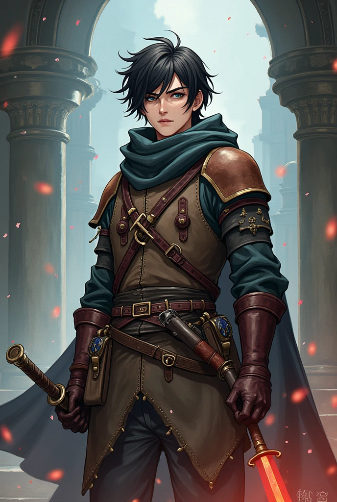 As if a Japanese anime light novel cover. Without writing. Features main character The Mage Hunter. Fantasy medieval ranger style mage hunter light leather armor. Belts and pouches and equipment for capturing mages. Short sword sheathed on belt. Potion pouch, scroll tubes, wand bandolier. Not holding anything in hands.