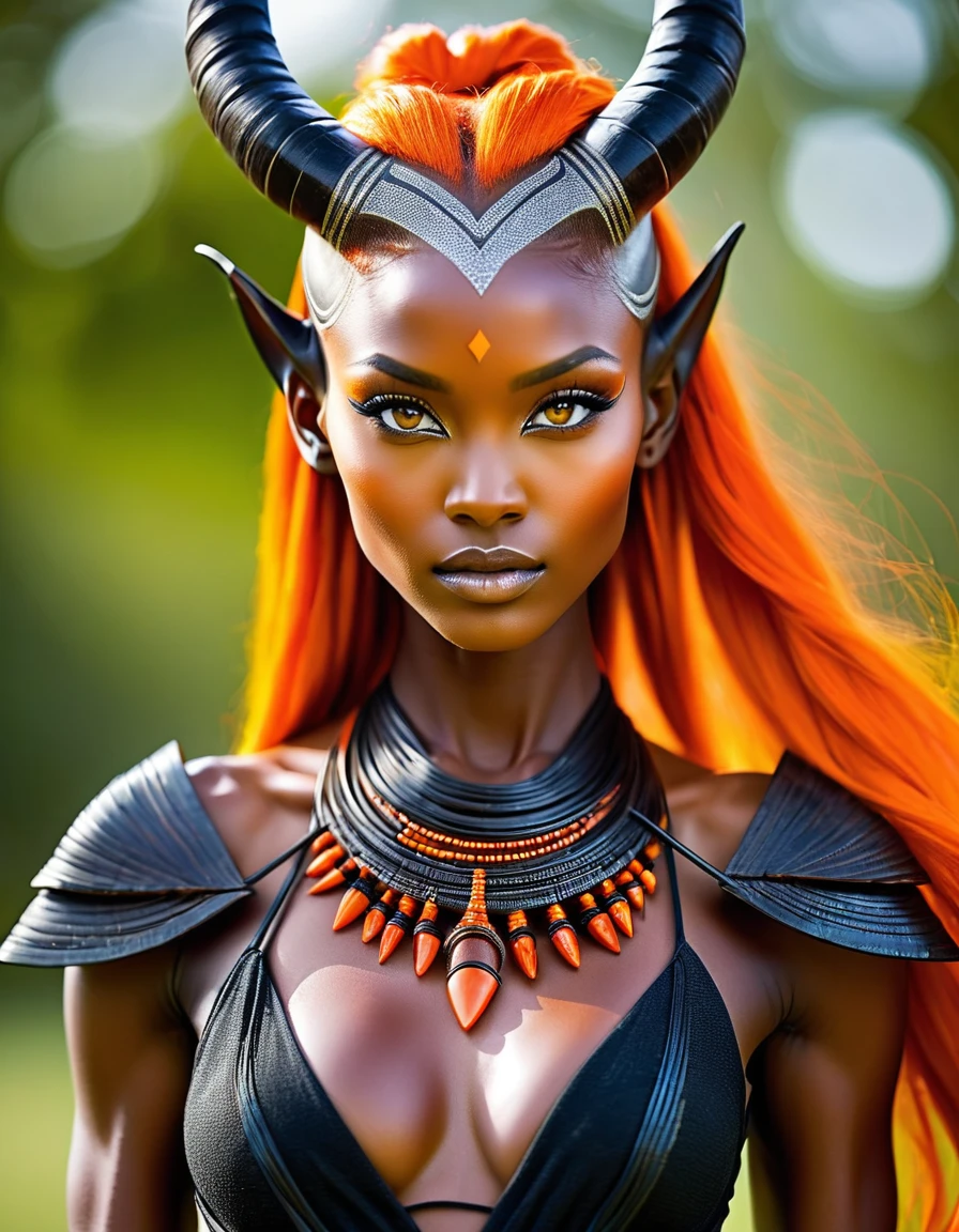 Create a vivid image of a tall, imposing female figure with a height of 1.8 meters. Her body is sculpted, with a perfect blend of strength and femininity, showcasing well-defined muscles under her smooth, gray skin. Her eyes are a fiery orange, contrasting sharply with her skin tone, while her pointed ears add to her fierce, otherworldly look. Her hair is interwoven with a dark resin, gradually forming into tribal-style horns that seem to grow naturally from her head. The image should highlight her entire form, capturing the striking balance of power and beauty in her appearance.Create a vivid image of a tall, imposing female figure with a height of 1.8 meters. Her body is sculpted, with a perfect blend of strength and femininity, showcasing well-defined muscles under her smooth, gray skin. Her eyes are a fiery orange, contrasting sharply with her skin tone, while her pointed ears add to her fierce, otherworldly look. Her hair is interwoven with a dark resin, gradually forming into tribal-style horns that seem to grow naturally from her head. The image should highlight her entire form, capturing the striking balance of power and beauty in her appearance.