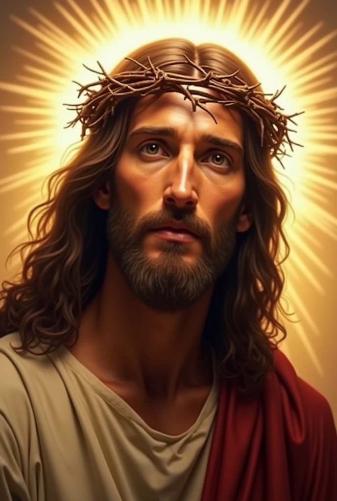 Ultra realistic Jesus in 4k with a crown of thorns on his head, JesusChrist, the lord and savior, portrait of JesusChrist, Jesus of Nazareth, brilliant light masterpiece, jesus, greg olsen, king of kings, beautiful image already created, Bright halo above your head, glorious light,!! Jesus facing the image 
