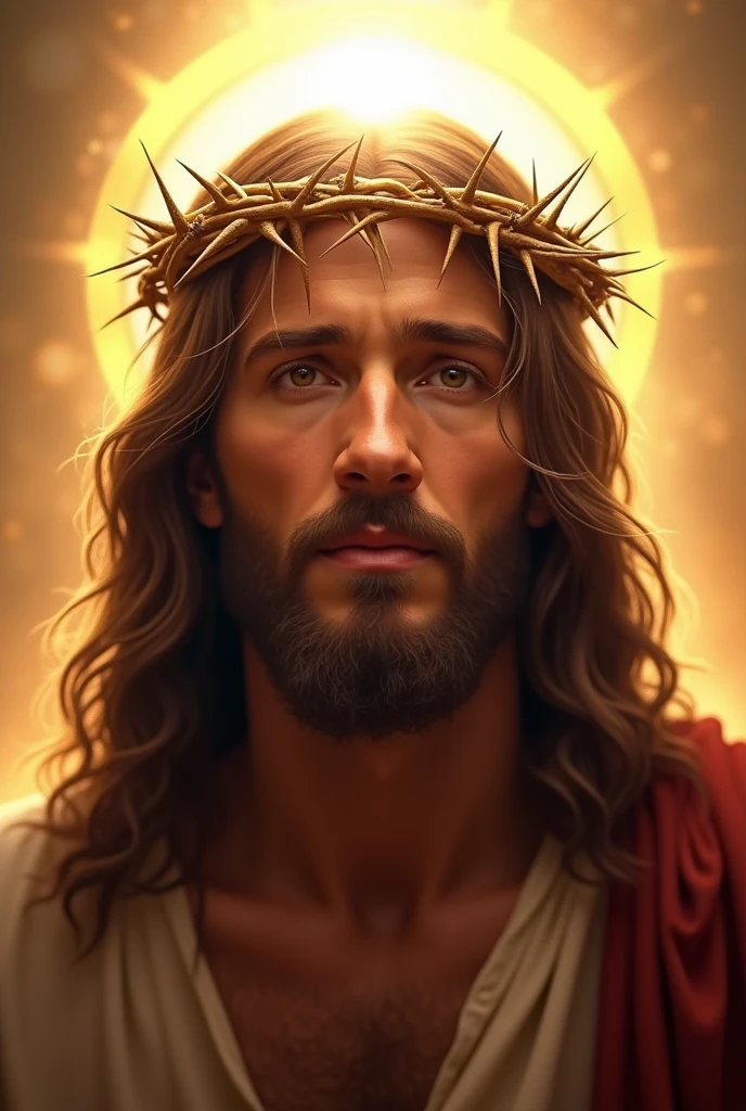 Ultra realistic Jesus in 4k with a crown of thorns on his head, JesusChrist, the lord and savior, portrait of JesusChrist, Jesus of Nazareth, brilliant light masterpiece, jesus, greg olsen, king of kings, beautiful image already created, Bright halo above your head, glorious light,!! Jesus facing the image 
