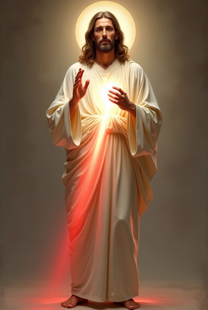 Full-length portrait of Jesus Christ standing, barefoot, face of Jesus from the front, beautiful and serene impressive realistic, Jesus of Nazareth, White tunic, right hand raised in a blessing position and the left on his chest, from which red and pale rays come out