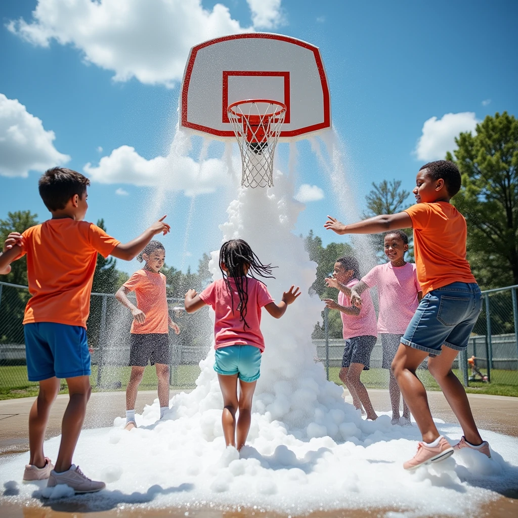 A wide-angle photo capturing a diverse group of kids, boys and girls of various ages, playing in a playground with the soap cannon mounted on a basketball goal. The soap foam is spraying down over the kids, who are all wearing soaked t-shirts and shorts, jumping and dancing in the wet foam.