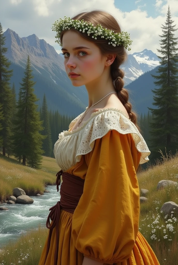 Realism, posing
Slavic woman
girl 20 years old, Slavic Christian bright downy clothes 1880, stands in the distance at a distance of 4 meters,
a wreath of snowdrops in her hair, in the background a pine forest, a river, mountains covered with snow,
Style - Ivan Shishkin, Vasily Polenov, Vasily Surikov, Isaac Levitan, Ilya Repin.