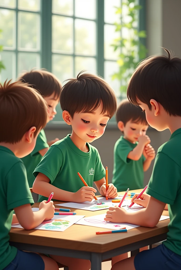 The children are making things of art and craft in the classroom. They have worn same uniform. The colour of the uniform is distemper green t -shirt.The school name "S. R. M. S'" is printed on the backside of  their  T-shirt.

