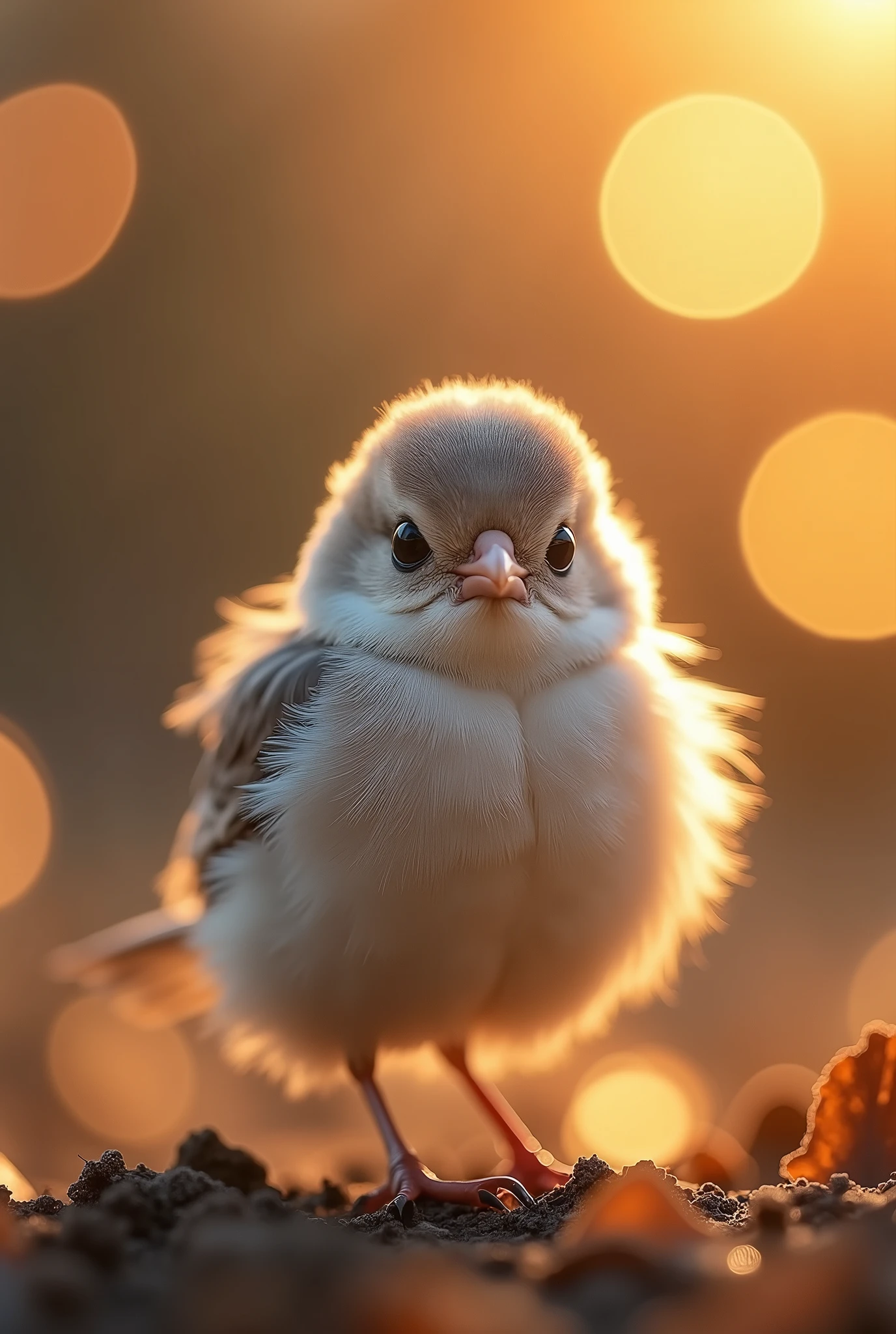 Mesmerizing close-up portrait of a beautiful little bird, illuminated by soft light, golden light of a calm morning, with bright bokeh balls, gently framing its delicate form. 