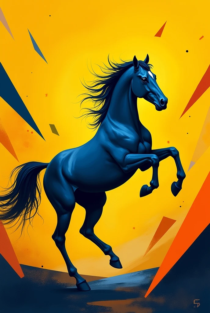 Create a painting of a horse jumping in geometrical shapes. Colour of horse should be navy blue and simple
Yellow background