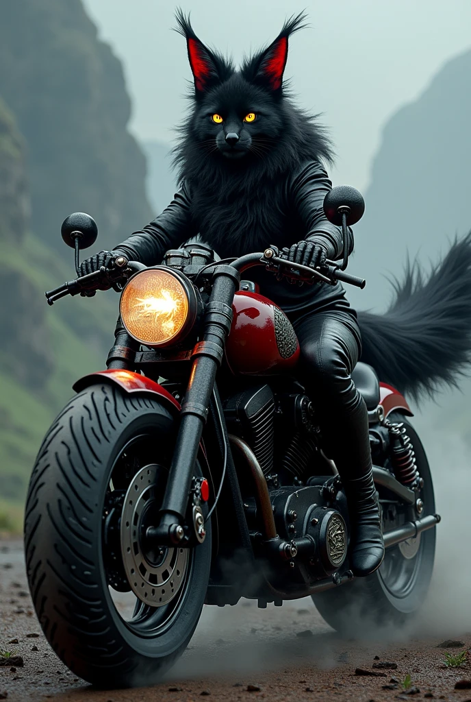 Create a black and red furred kitsune woman with a large cursed motorcycle.