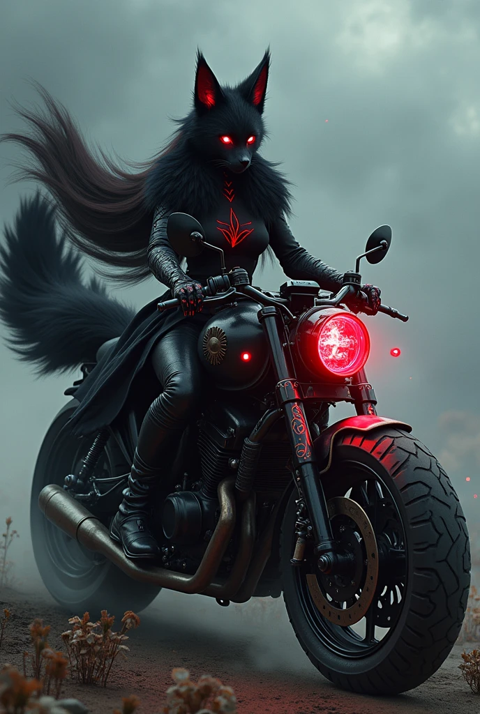 Create a black and red furred kitsune woman with a large cursed motorcycle.