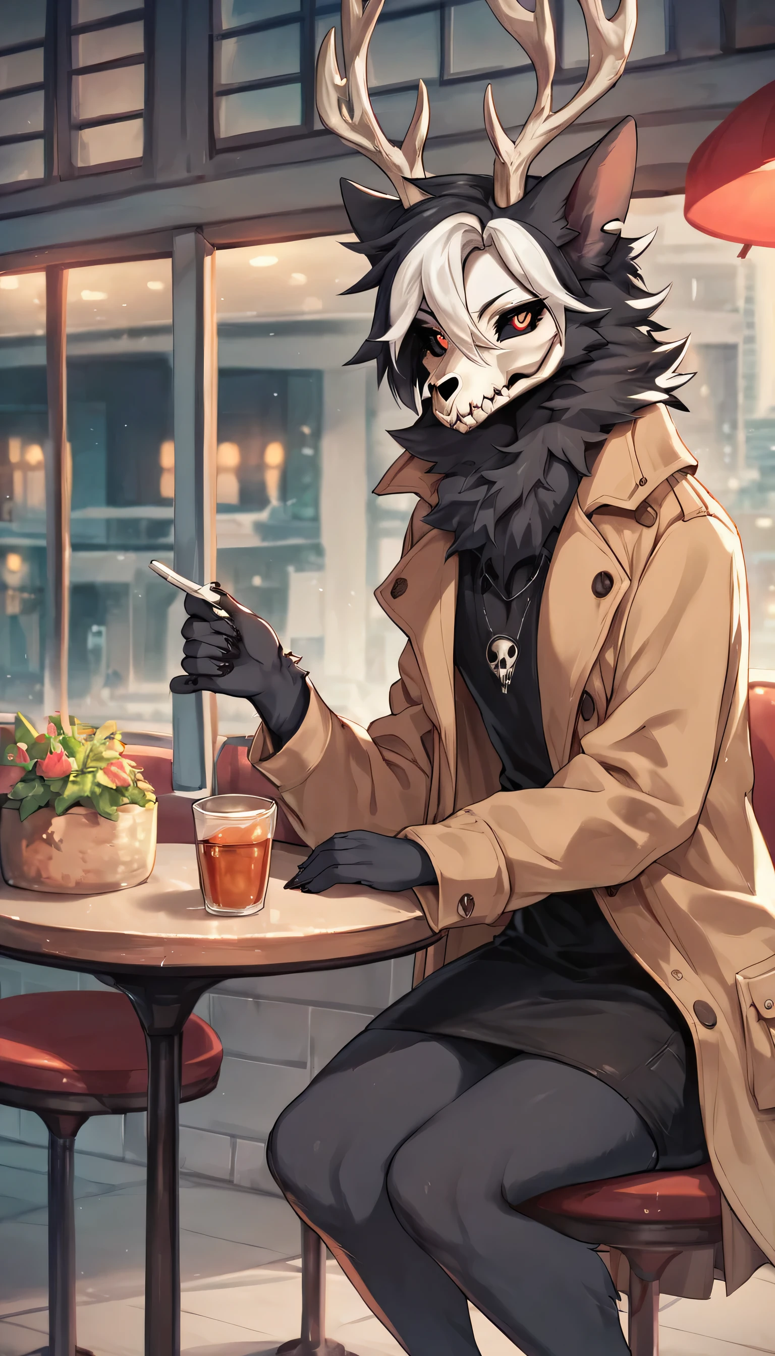 1girl, female, slim, flat chest, canine furry, anthro, (feminine canine skull head), black sclera, fluffy neck, broken antlers, black fur, messy black hair, white highlights, shy expression, sitting at a cafe, wearing gothic cargo skirt, wearing a black gothic trench coat, anime, (city background), score_9, score_8_up, score_7_up, score_6_up, score_5_up, score_4_up