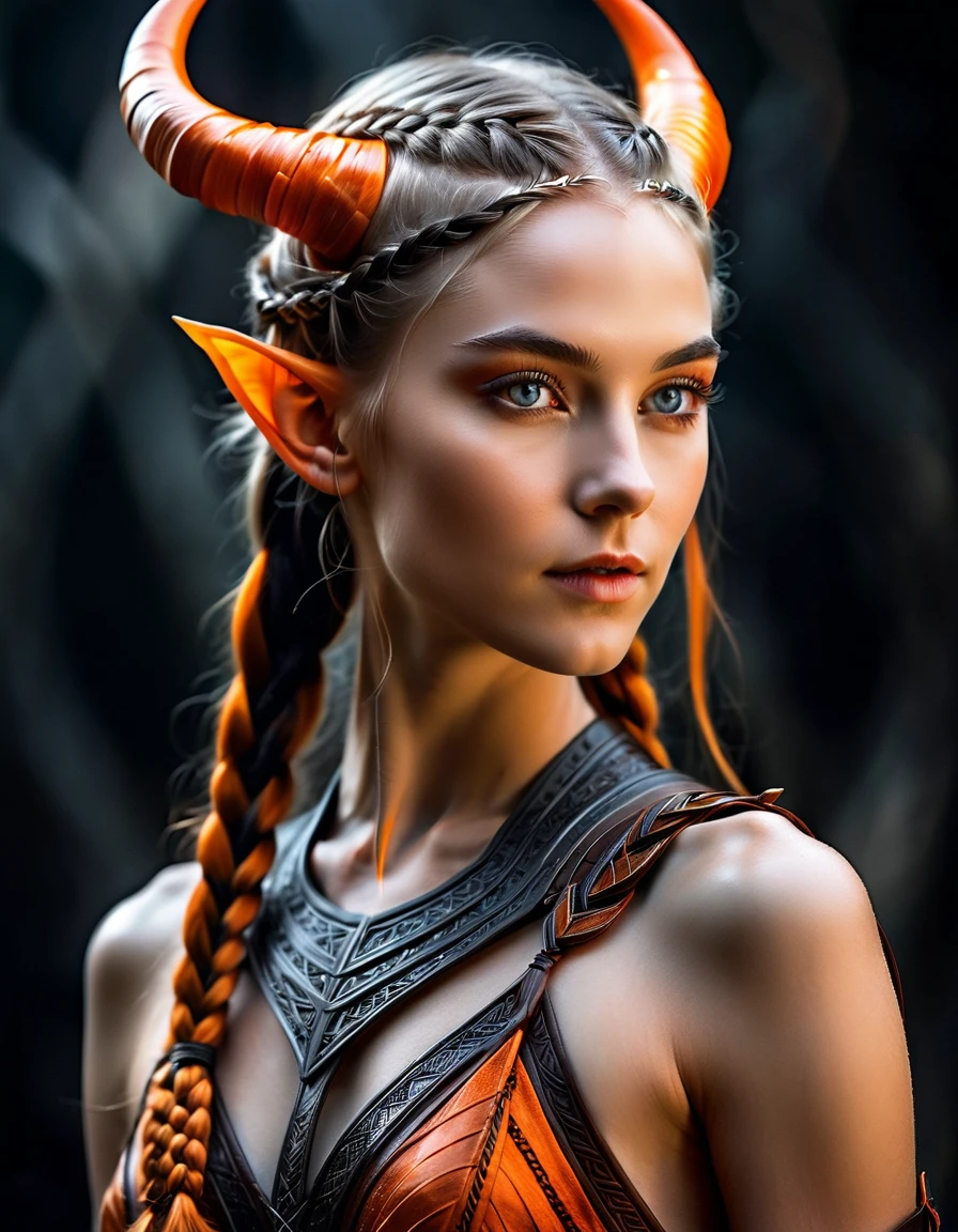 Design an image featuring a towering female figure, standing at 1.8 meters, with a strong and athletic build that remains true to human proportions. Her skin is a soft, matte gray, giving her an otherworldly, yet alluring presence. Her eyes are bright orange, glowing with an inner fire, and her pointed ears add a touch of elven elegance. Her hair is intricately braided with a dark resin that shapes into tribal horns, blending seamlessly with her hair as they curve upward. The image should showcase her entire body, emphasizing her strength, beauty, and the unique cultural elements that define her appearance. realista