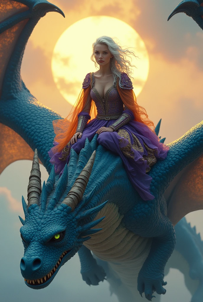 Woman in purple and orange medieval dress. Woman with silver-white wavy curly hair and dark violet eyes riding a saddle flying a light blue dragon, huge and fierce dragon in a sunny sky. 70 meter dragon. Dragon with green eyes. Zoom in on the woman. blue Dragon.