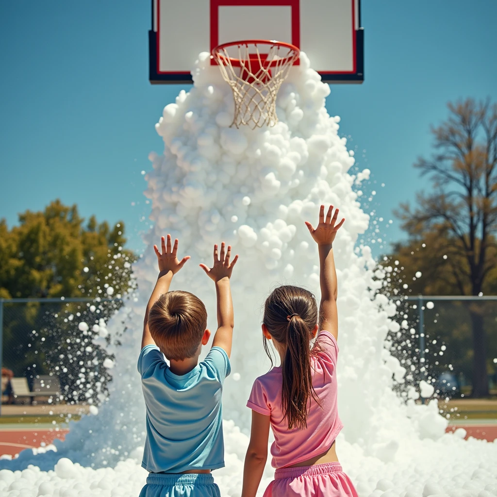 A photorealistic shot of a boy and girl, aged 7 and 9, standing directly under the basketball goal as the soap foam cascades down from the cannon. Their wet clothes and hair glisten in the sunlight, and they are reaching up, trying to catch the falling foam.