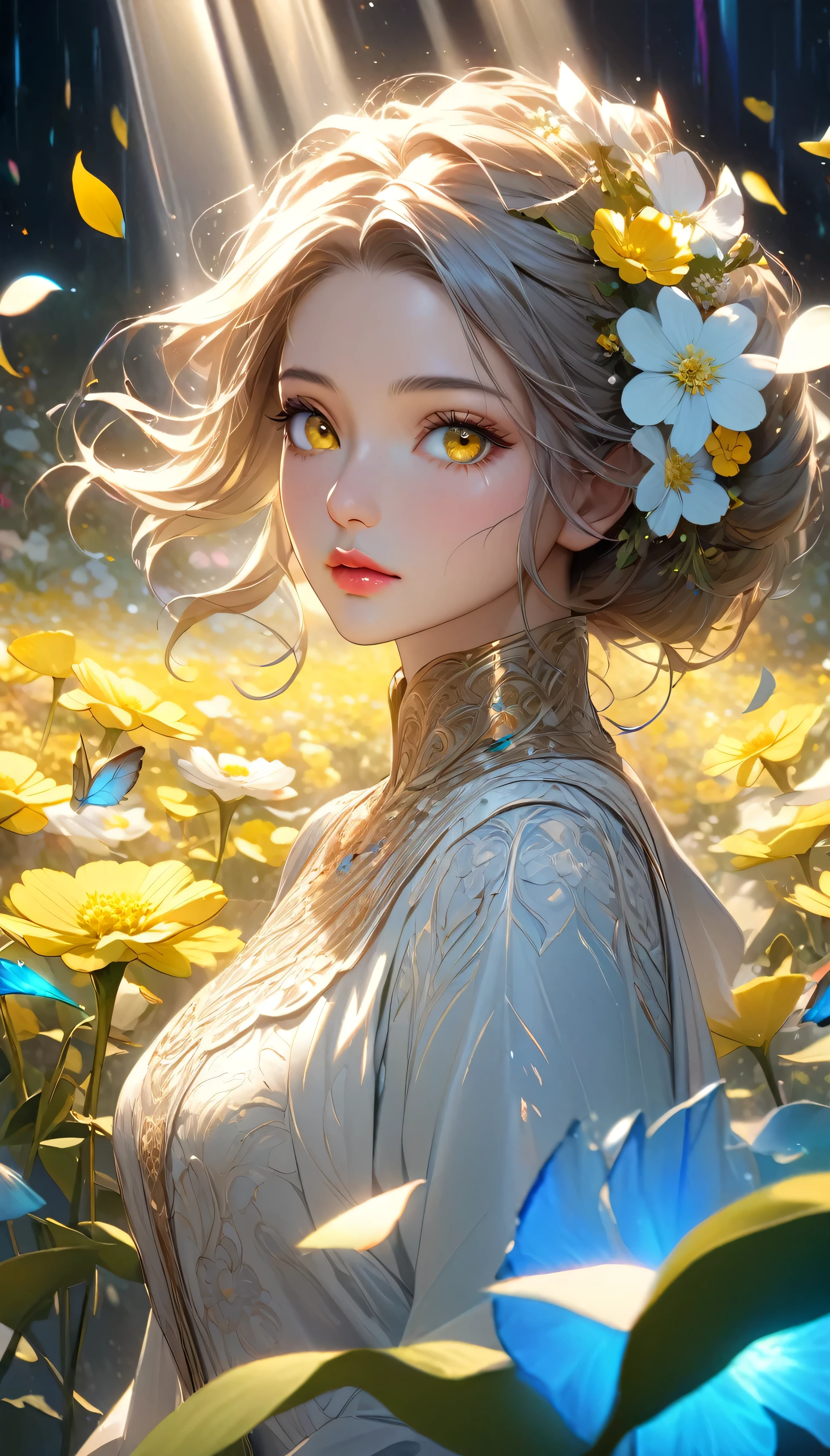 Rape flower landscape, bright canvas, The petals are fluttering, Transparent holographic reflection, A surreal landscape made of flower petals, Leaves viewers speechless, A beautiful world, 1 Uzbek woman, detailed eyes, Yellow eyes, detailed lips, very detailed face, long eyelashes, Beautiful and detailed portraits, elegant, tranquil expression, spring, high quality, 8k, realistic, surrealist, studio lighting, Physically Based Rendering, vivid colors, movie lights, dramatic lighting, soft lighting, dramatic contrast, clear, ethereal, dreamlike, mysterious, magical, fancy, concept art