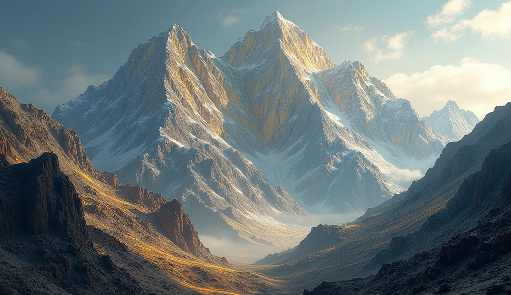 There is a high mountain,There are a lot of gold ores on the side facing the sun.,There are lots of silver ore on the other side.(best quality,4K,8k,High level,masterpiece:1.2),Ultra Detailed,(lifelike,Photo real,Photo real:1.37)