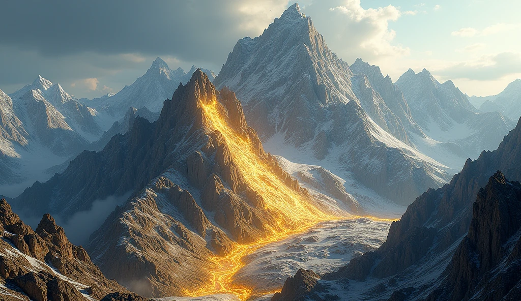 There is a high mountain,There are a lot of gold ores on the side facing the sun.,There are lots of silver ore on the other side.(best quality,4K,8k,High level,masterpiece:1.2),Ultra Detailed,(lifelike,Photo real,Photo real:1.37)