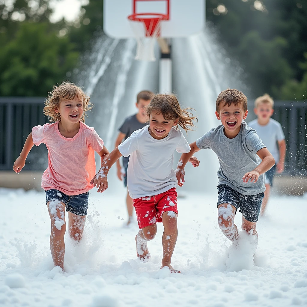 A dynamic photo of several kids, aged 6-12, playing and running through thick soap foam that is cascading from a cannon attached to a basketball goal. The scene captures their joyful expressions, with their wet t-shirts and shorts clinging to their bodies, as they jump and play in the foam-covered playground.