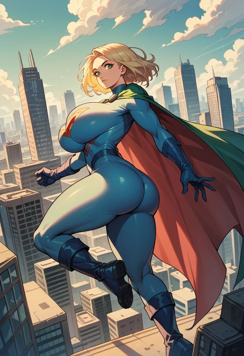 female, solo, cape, large breasts, (superhero), massive breasts, large butt, gloves, boots, blonde, green eyes, city, skyline, clouds