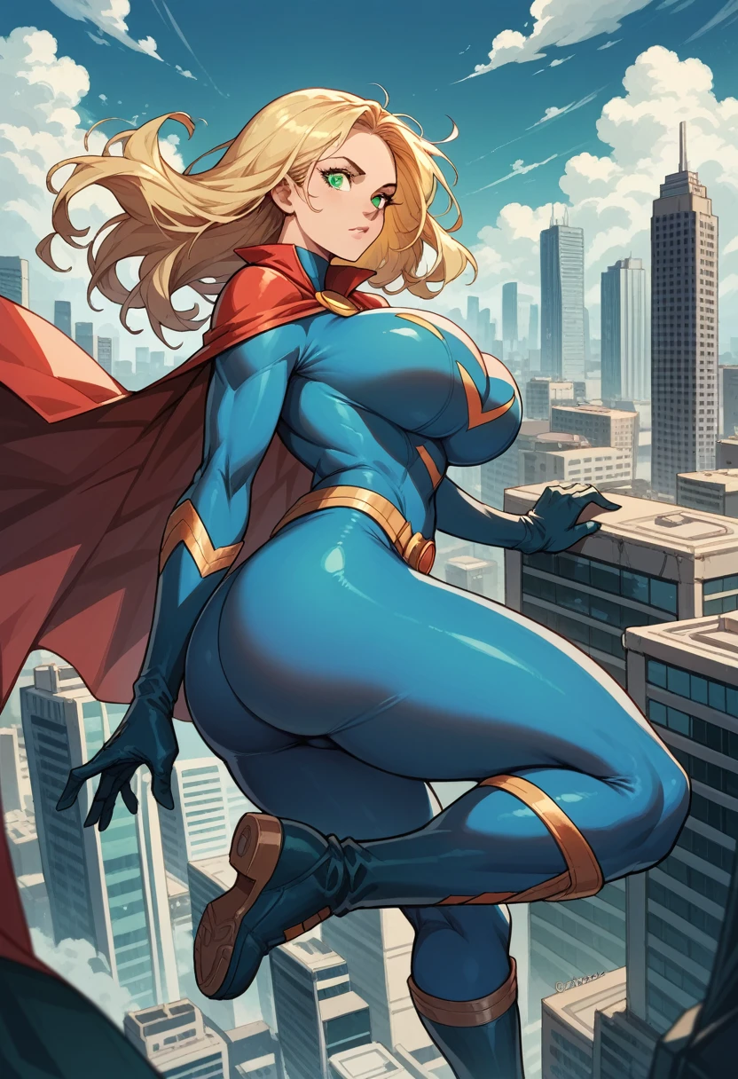 female, solo, cape, large breasts, (superhero), massive breasts, large butt, gloves, boots, blonde, green eyes, city, skyline, clouds