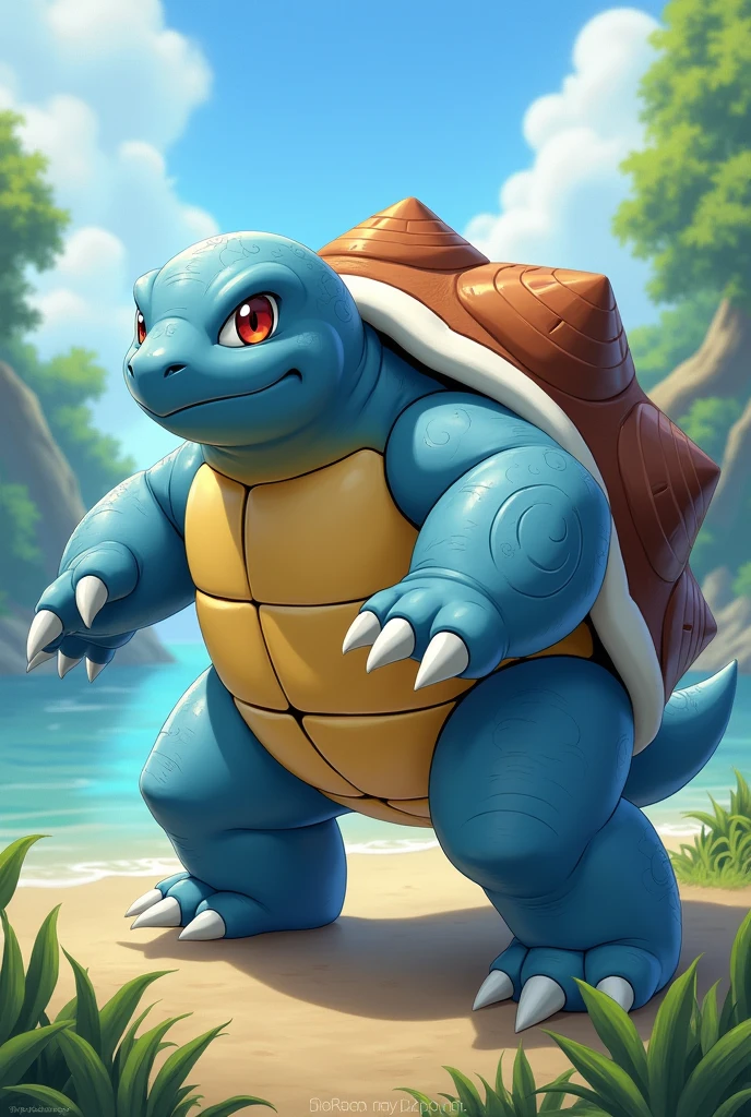 Pokémon blastoise blue turtle with ears,brown back shell,yellow belly