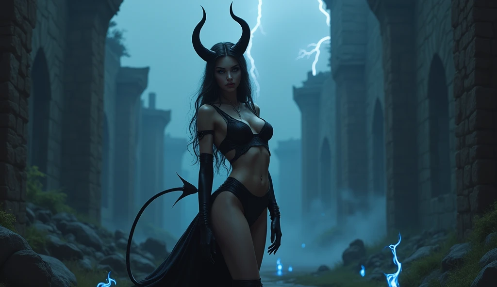 “Temptation of Darkness":.
A sexy female demon stands in the ruins of an ancient castle. She wears a dark, revealing outfit and has sharp horns and a sharp tail. She smiles a bewitching smile as she invites the viewer in, and small blue flames hover around her. The background is dark and lightning glows in the distance. Aim for realistic depiction, make sure photos are at highest resolution (8K).