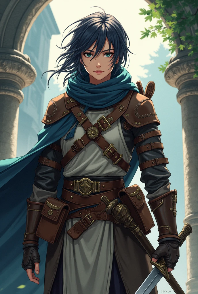 As if a Japanese anime light novel cover. Without writing. Features main character The Mage Hunter. Fantasy medieval ranger style mage hunter light leather armor. Belts and pouches and equipment for capturing mages. Short sword sheathed on belt. Potion pouch, scroll tubes, wand bandolier. Not holding anything in hands.