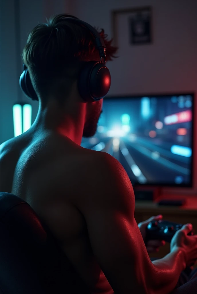 Light blue man with blueish purple hair muscular sitting playing video games on play station