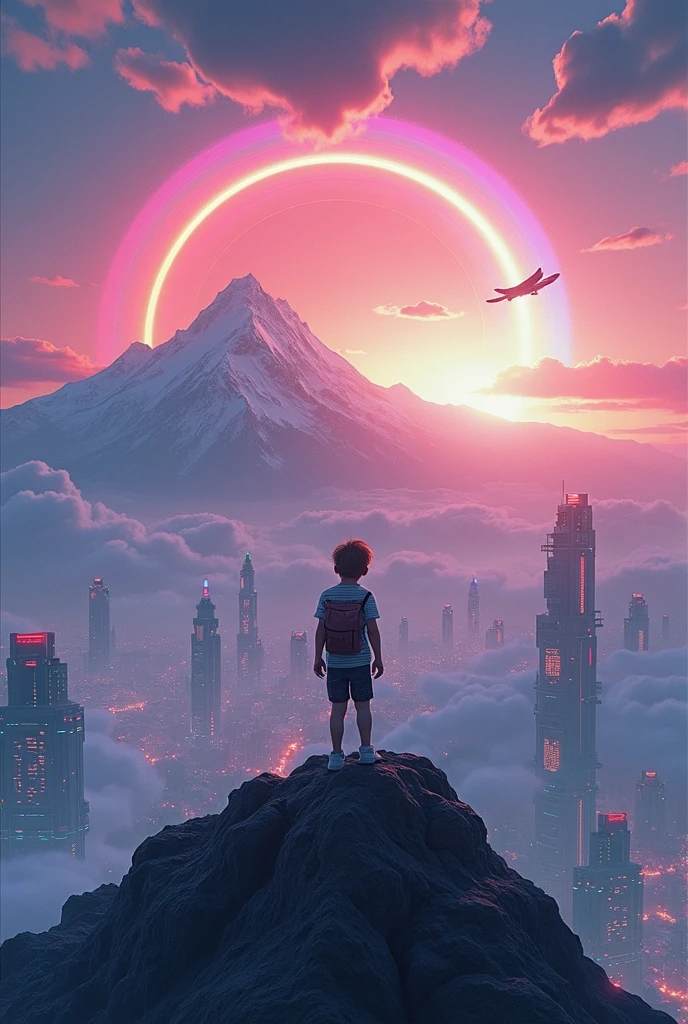 ((high quality)),((best image )), ((high rated refresh rate image)),((cyber punk City)), back side cloud a boy standing on Mount Everest sky are visible , day light rainbow show on the picture back side , flying a kite and aeroplain