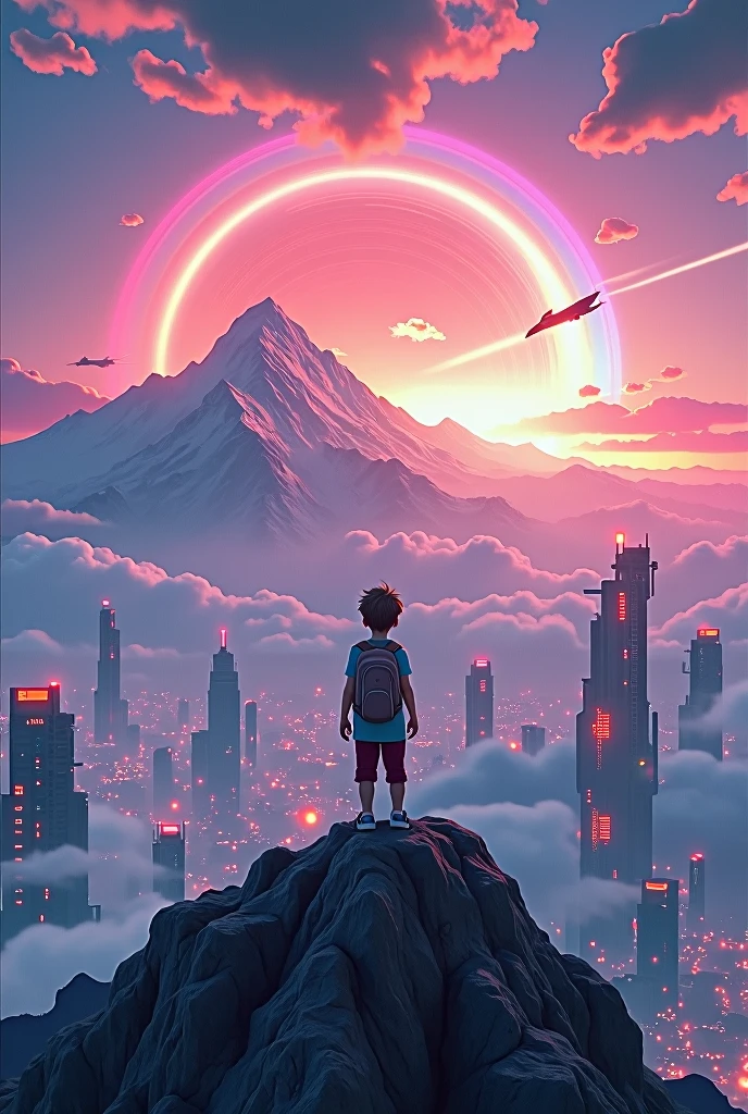 ((high quality)),((best image )), ((high rated refresh rate image)),((cyber punk City)), back side cloud a boy standing on Mount Everest sky are visible , day light rainbow show on the picture back side , flying a kite and aeroplain