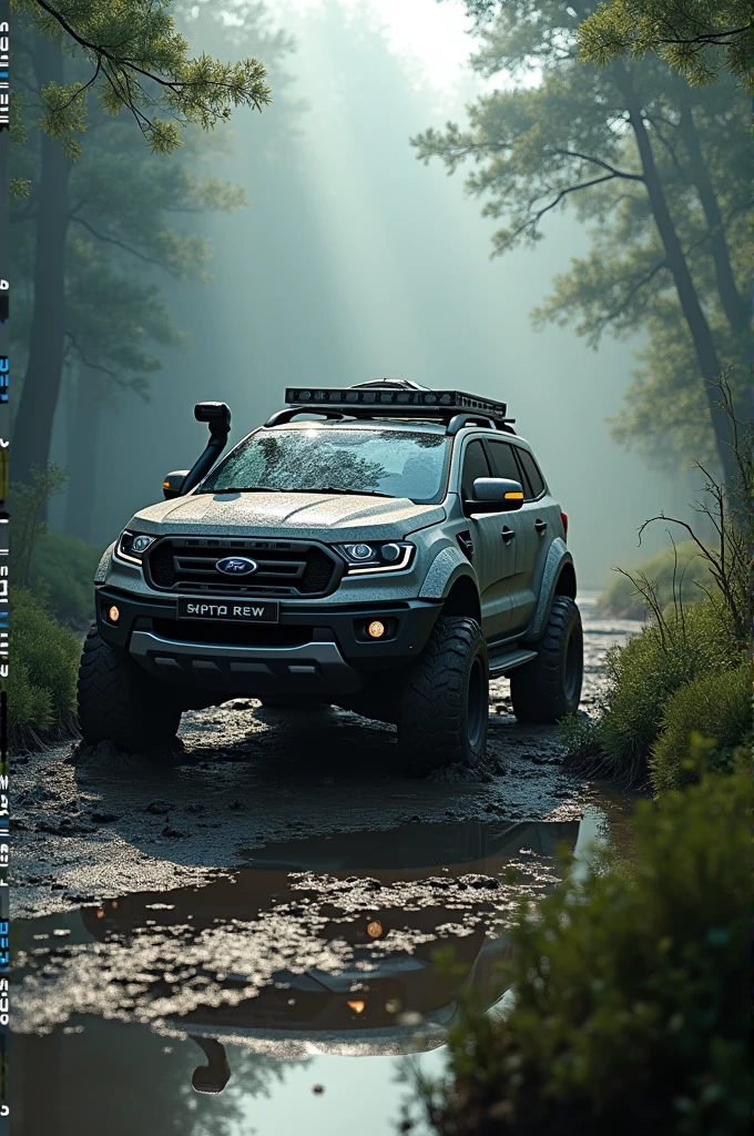 A silver suv in a muddy ofroad, it's in a swamp area, low lighting, dirt puddles, volumetric lighting.