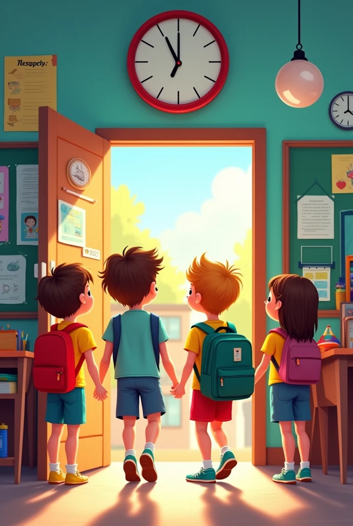 The classroom, brightly decorated with posters and student artwork. A large clock on the wall shows it’s just before 8:00 AM. A group of children, aged 6-7, are entering the room, chatting excitedly.