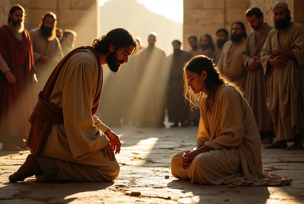 "An intense scene in the courtyard of the temple in Jerusalem, com jesus em pé entre a mulher adúltera e seus acusadores. The woman, on your knees on the floor, is visibly scared and embarrassed, with his face partially covered by his hands. Ela veste roupas simples, torn and dirty, reflecting his humiliation. Ao redor dela, the accusers, men with stern expressions and full of indignation, hold stones in their hands, ready to launch. jesus, calm and compassionate, is inclined, writing something on the floor with your finger. His gaze is firm, but full of mercy, as he prepares to deliver his disarming words: 'He who is without sin among you, be the first to throw a stone at her.'The tension in the air is palpable, and the soft light of dawn begins to illuminate the scene, symbolizing the hope and grace that is about to be revealed."