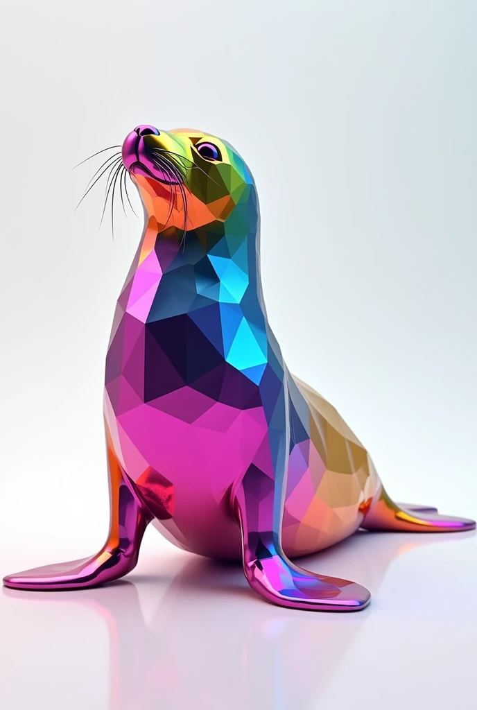 A colorful sculpture of a fantastic rainbow seal, polyhedron style, prism details, pantone colors brilliants, 3D Render. 4K photorealistic. White clean blackground.