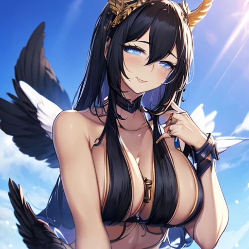 kemono style, black hair, blue eyes, small cute black beak, avian, she is a beautiful and stunning griffin queen, white body, white arms and hands, black claws, standing, outdoors, naked, muscular and big breast
