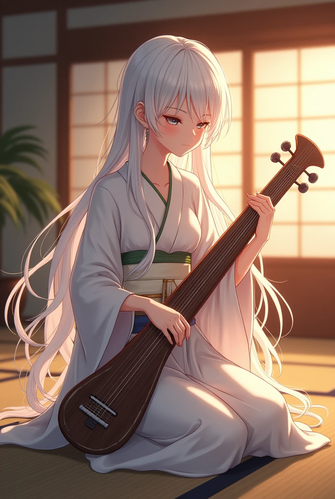 young, androgynous, long white hair, She is wearing a simple kimono, sitting seiza on the tatami floor, toca un guzheng, evening, anime style