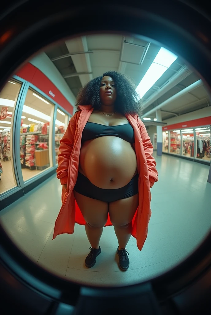 Pov fisheye camera view when you are surprised there is a mysterious plus size fat Cardi B mother walking towards you with a big belly when she is 9 months pregnant while parking at the mall. Hd 14K, Photorealistic, iphone camera style, highly shapering, high detailed, masterpiece, fujifilm