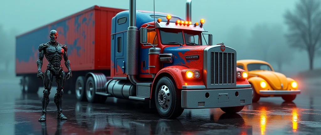 in the foreground is Arnold Schwarzenegger as the Terminator, one of Arnold's eyes glows like a red LED, He stands next to Optimus Prime as an old red and blue 1987 Freightliner COE truck., the truck's paint simulates fire stains in blue and red colors, on the other side there is an old yellow Beetle with its headlights on, lens flare effect, Raby, lens flares, reflection on the floor, the image is as realistic as a mirror, extremely realistic size ratio